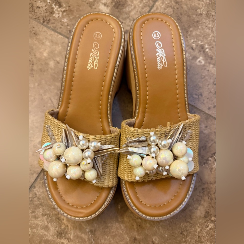 Beaded Woven Tan Slide Sandals
